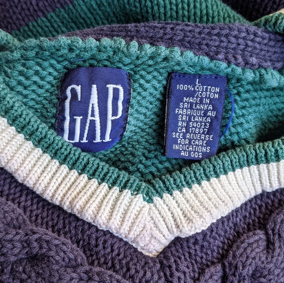 VTG 90s GAP V-Neck Cable Knit Sweater Varsity College Green Cotton Men's L Large - Picture 4 of 4
